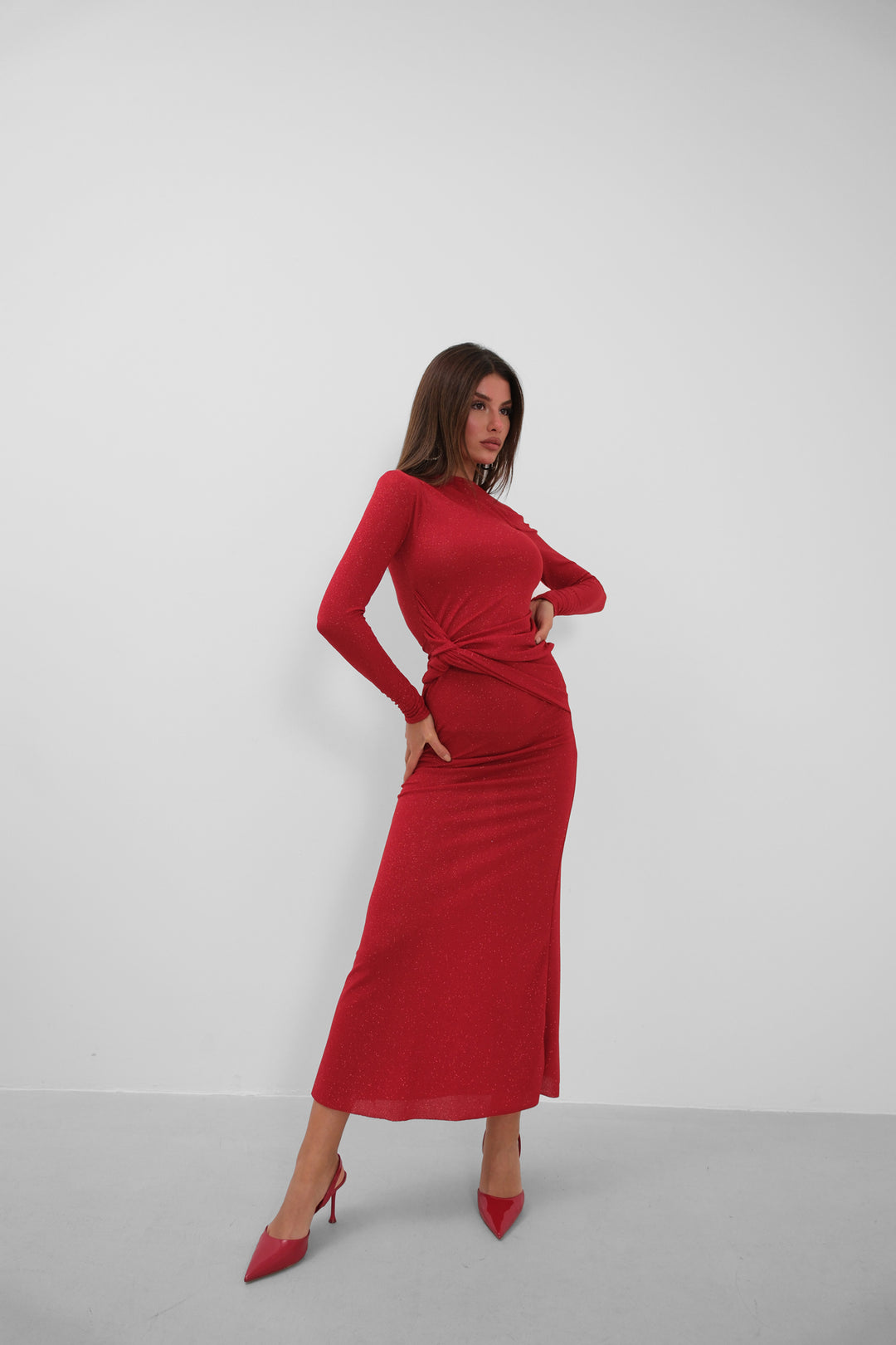 Off the Shoulder Stone Detailed Red Dress