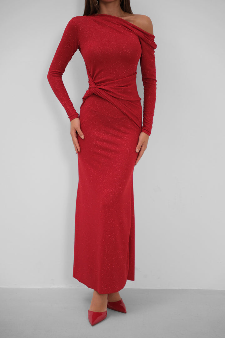 Off the Shoulder Stone Detailed Red Dress
