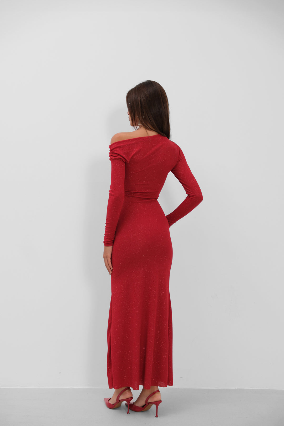 Off the Shoulder Stone Detailed Red Dress