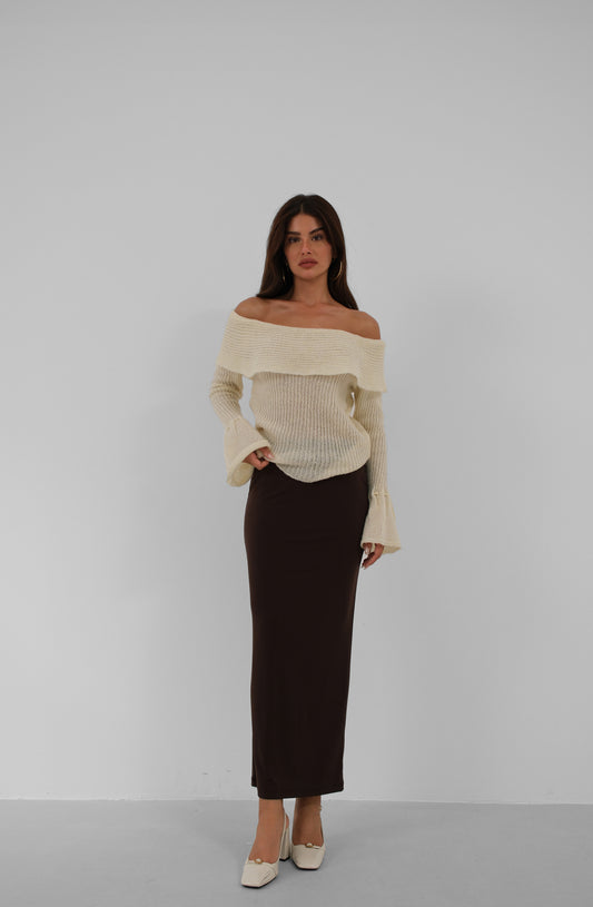 Off the Shoulder Cuff Detail Ecru Knitwear Sweater 