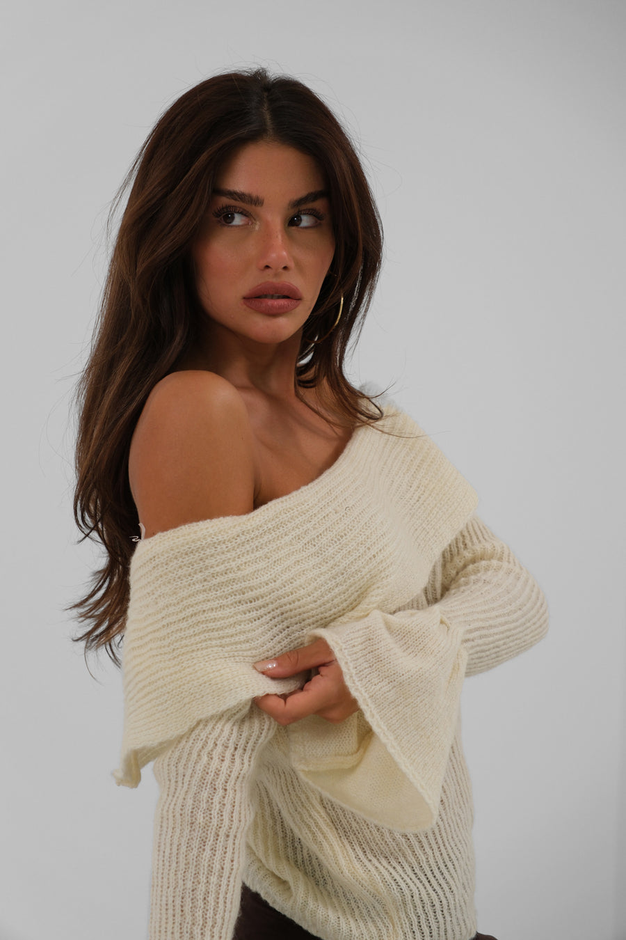 Off the Shoulder Cuff Detail Ecru Knitwear Sweater 