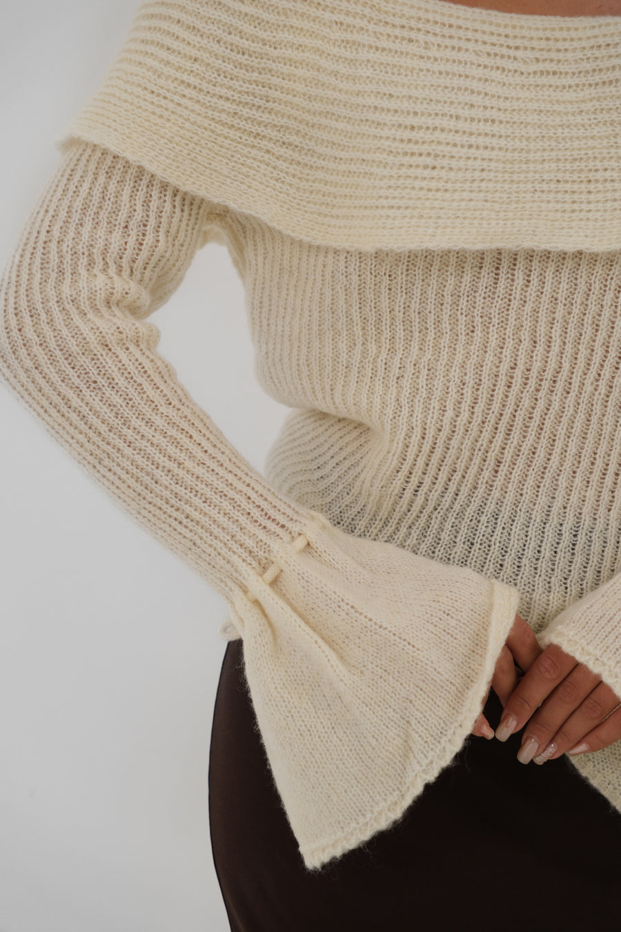 Off the Shoulder Cuff Detail Ecru Knitwear Sweater 