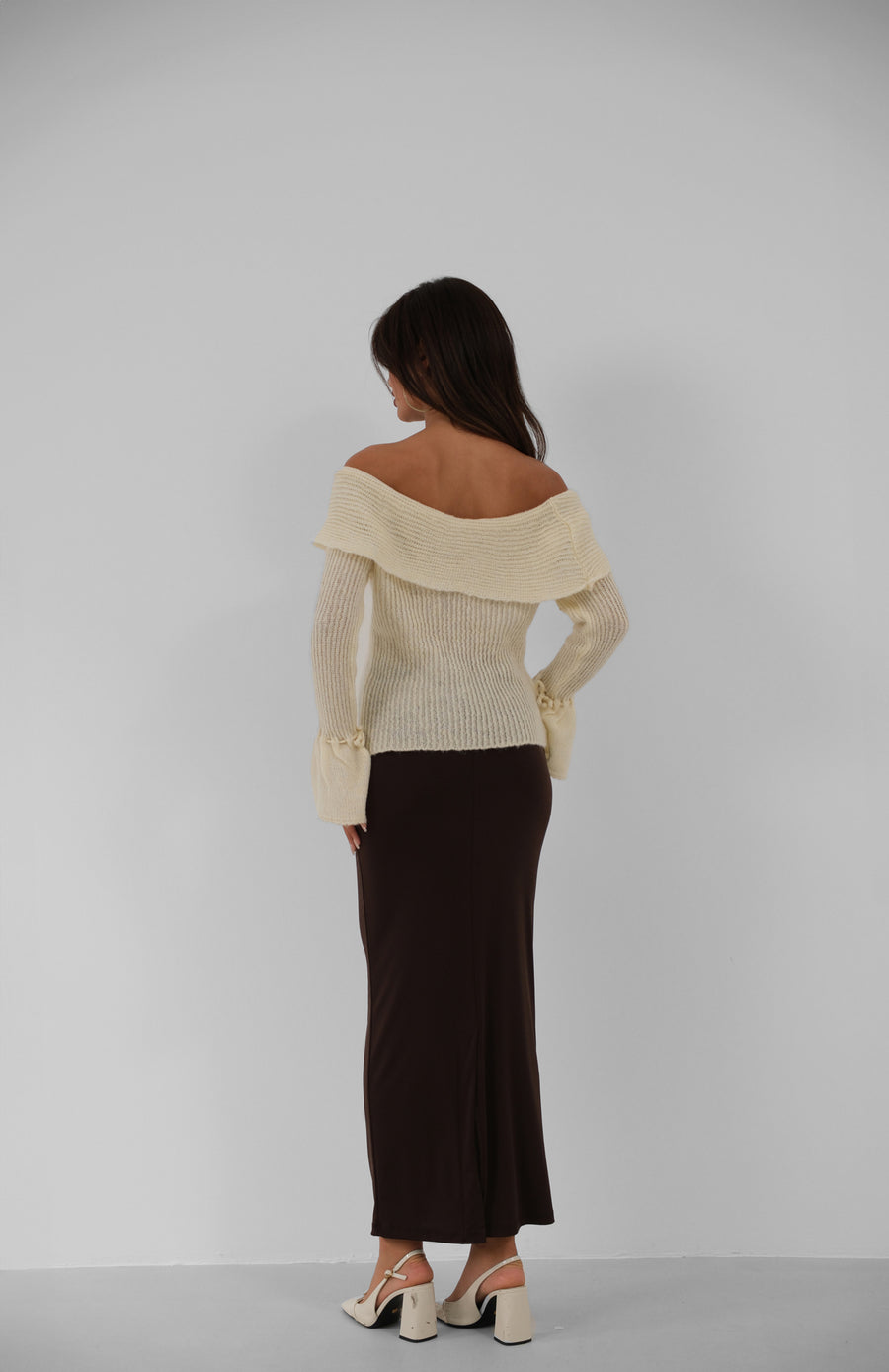 Off the Shoulder Cuff Detail Ecru Knitwear Sweater 