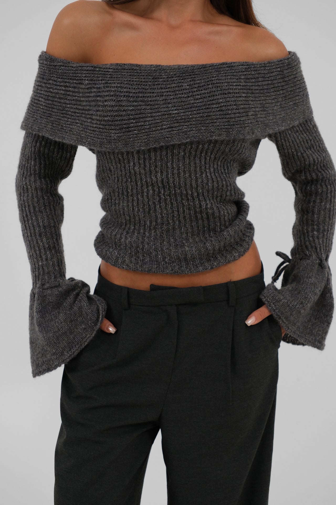 Off the Shoulder Cuff Detail Gray Knitwear Sweater 