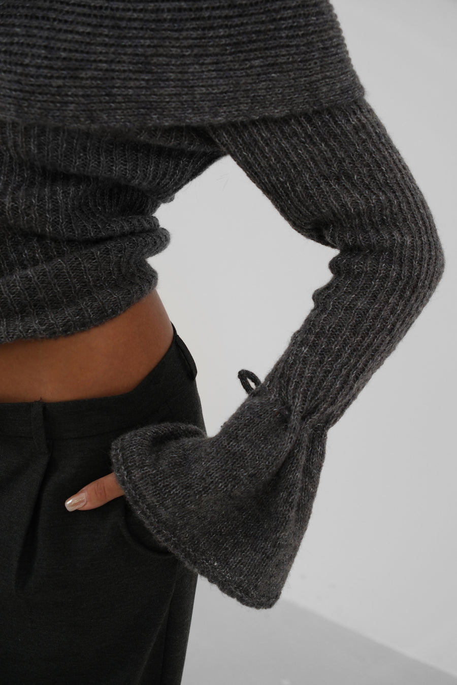 Off the Shoulder Cuff Detail Gray Knitwear Sweater 