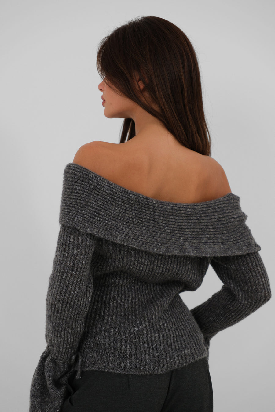 Off the Shoulder Cuff Detail Gray Knitwear Sweater 