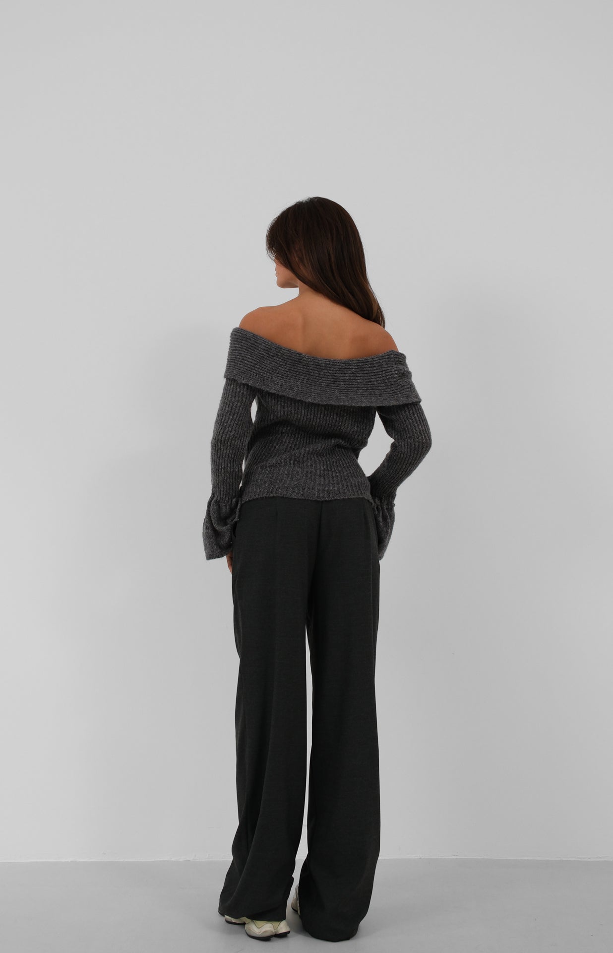 Off the Shoulder Cuff Detail Gray Knitwear Sweater 