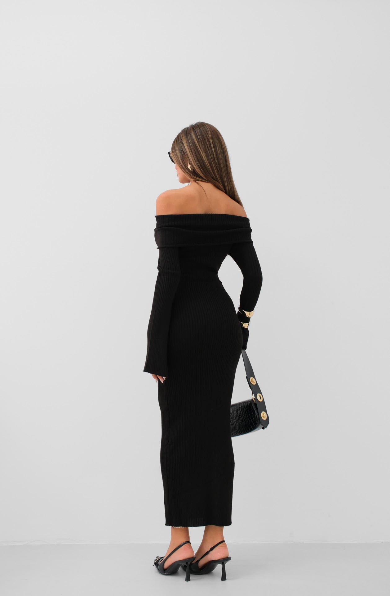 Off the Shoulder Maxi Length Black Knit Dress 