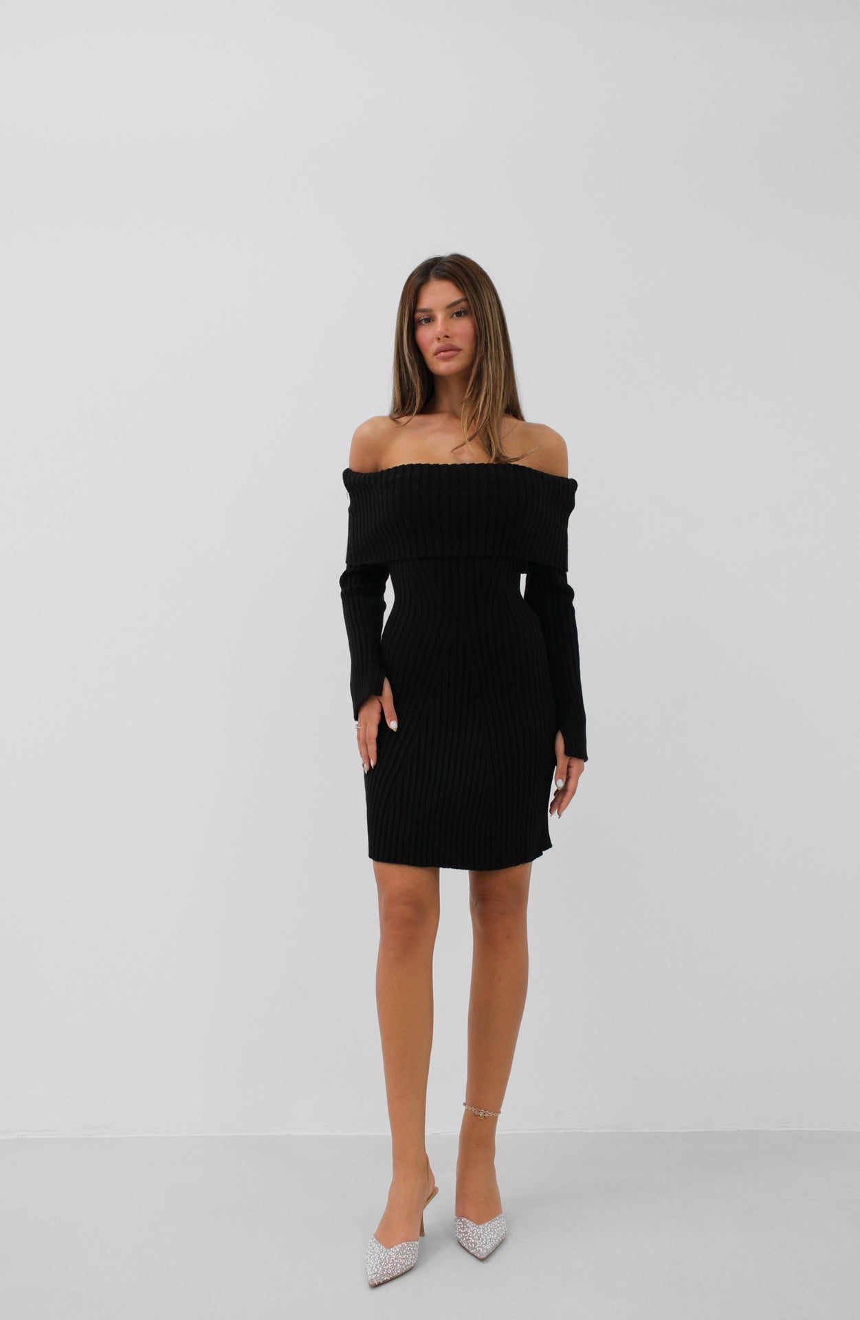 Off the Shoulder Midi Length Black Knit Dress