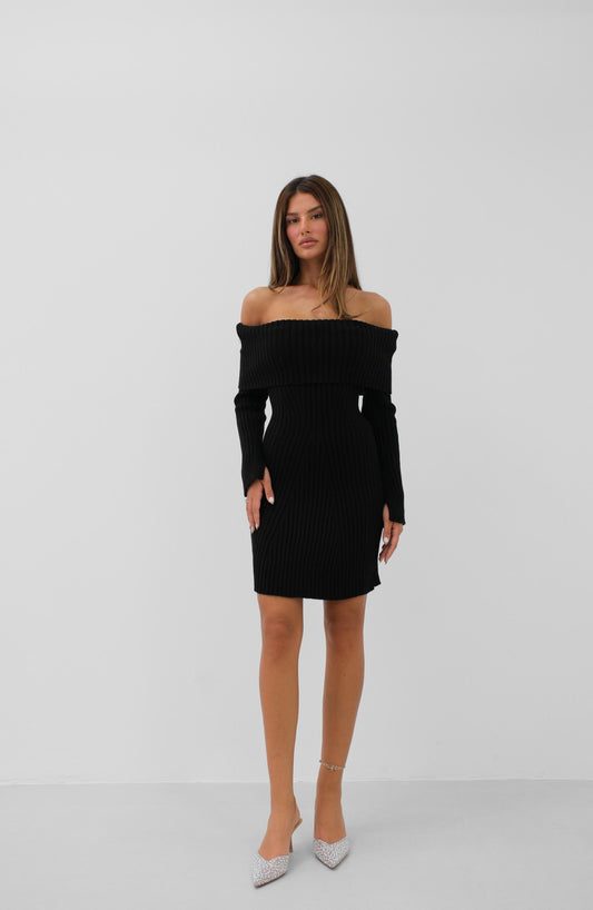 Off the Shoulder Midi Length Black Knit Dress