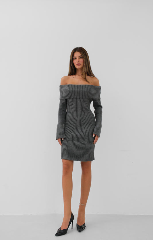 Off the Shoulder Midi Length Gray Knit Dress