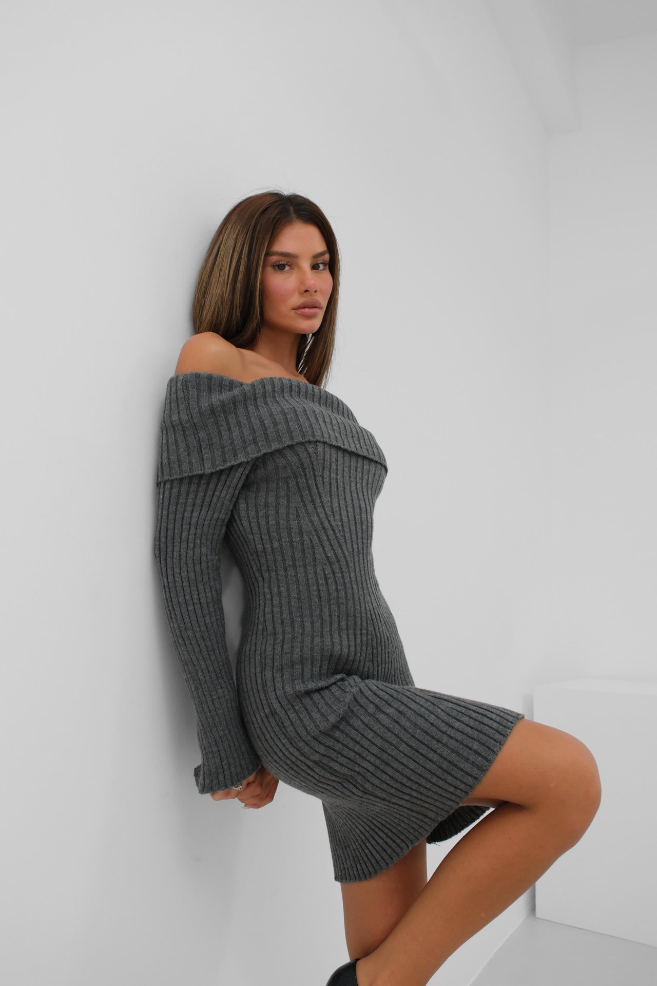 Off the Shoulder Midi Length Gray Knit Dress