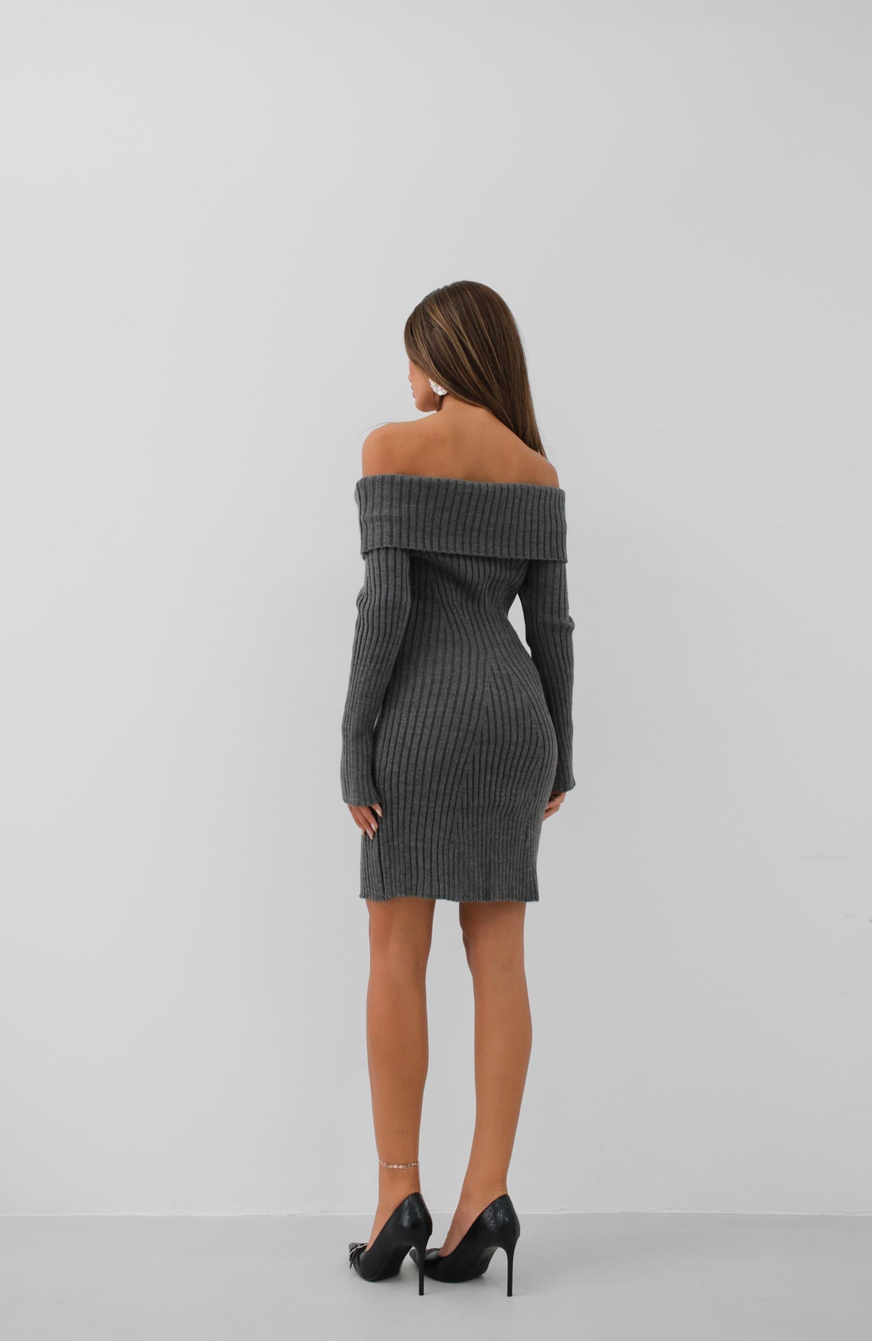 Off the Shoulder Midi Length Gray Knit Dress