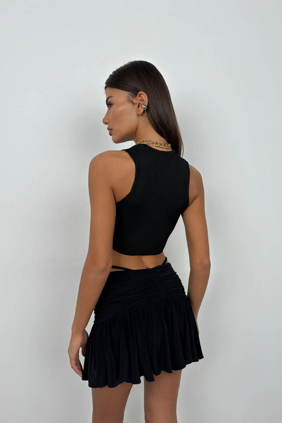 Front Tie Black Crop Blouse 