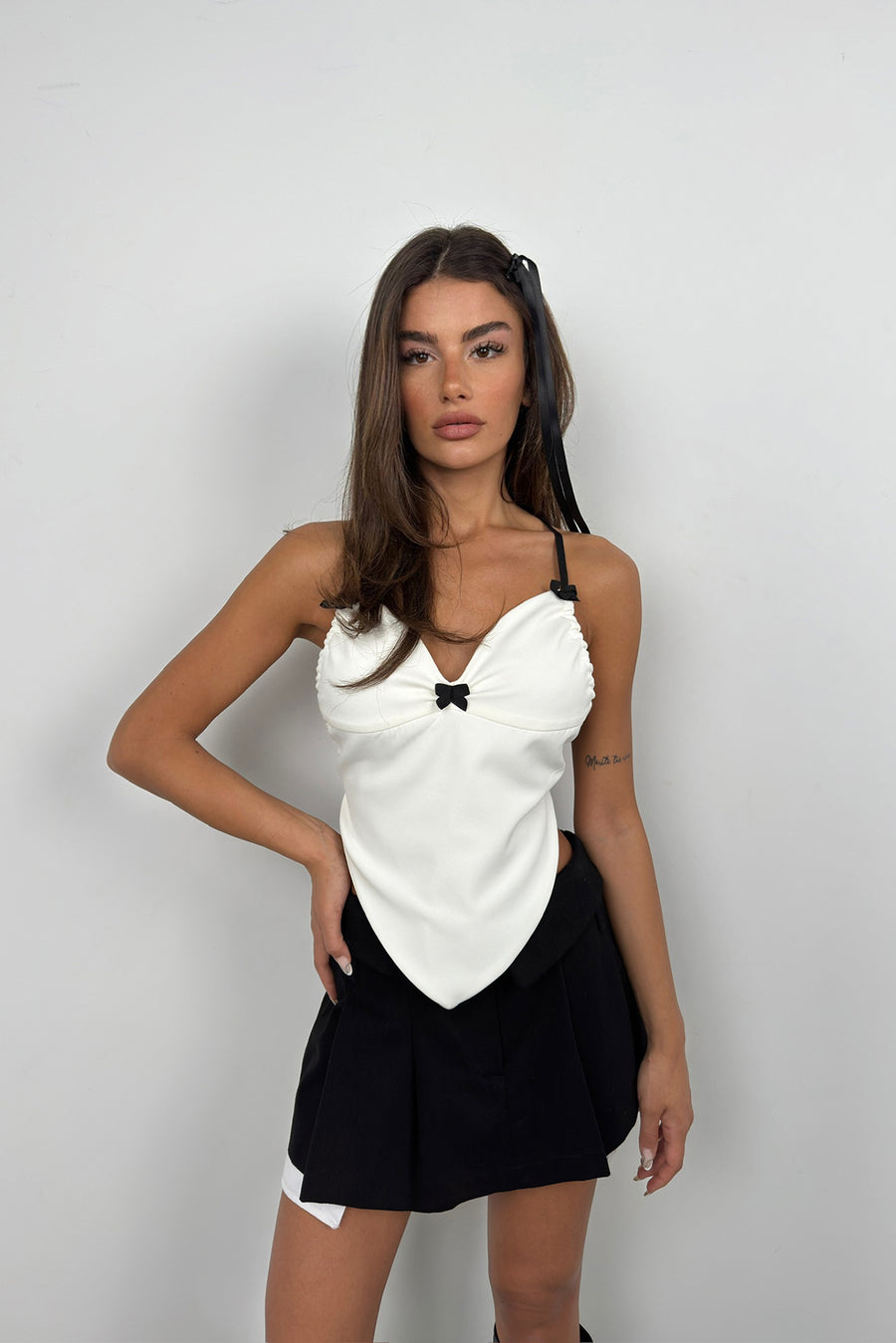 Front Gather Detail Back Tie White Blouse 