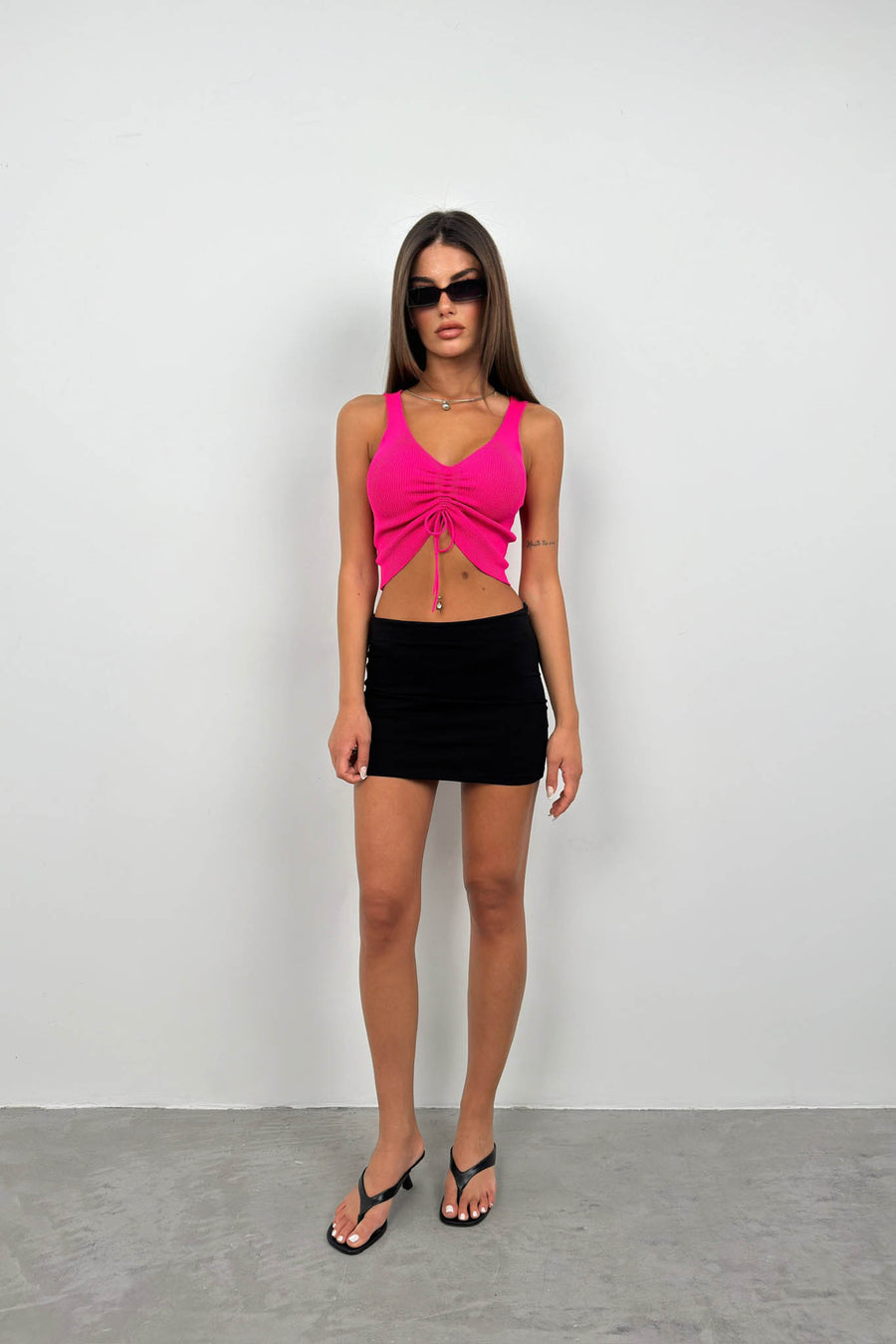 Fuchsia Crop Blouse with Front Pleats 