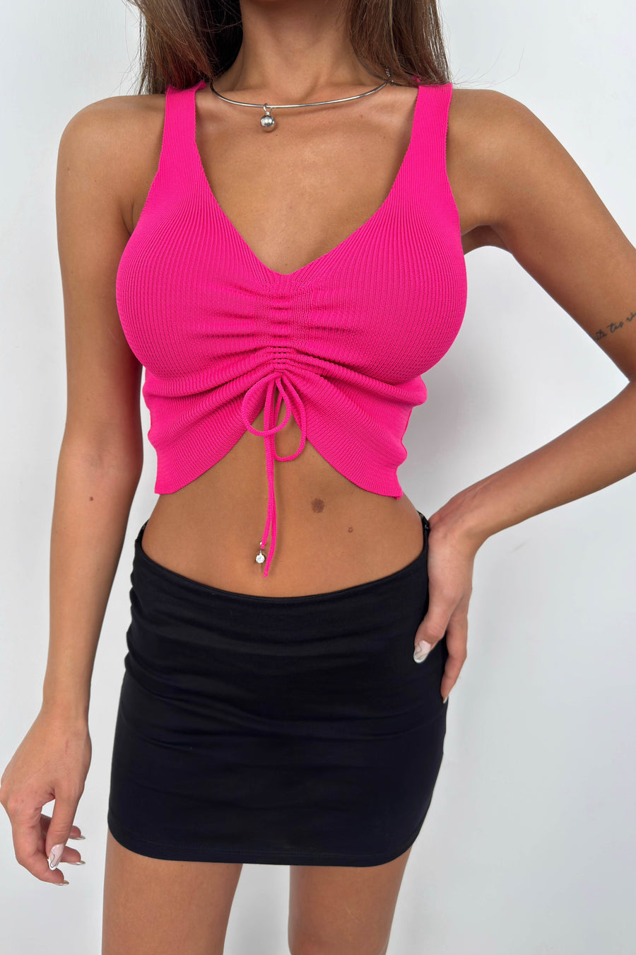 Fuchsia Crop Blouse with Front Pleats 