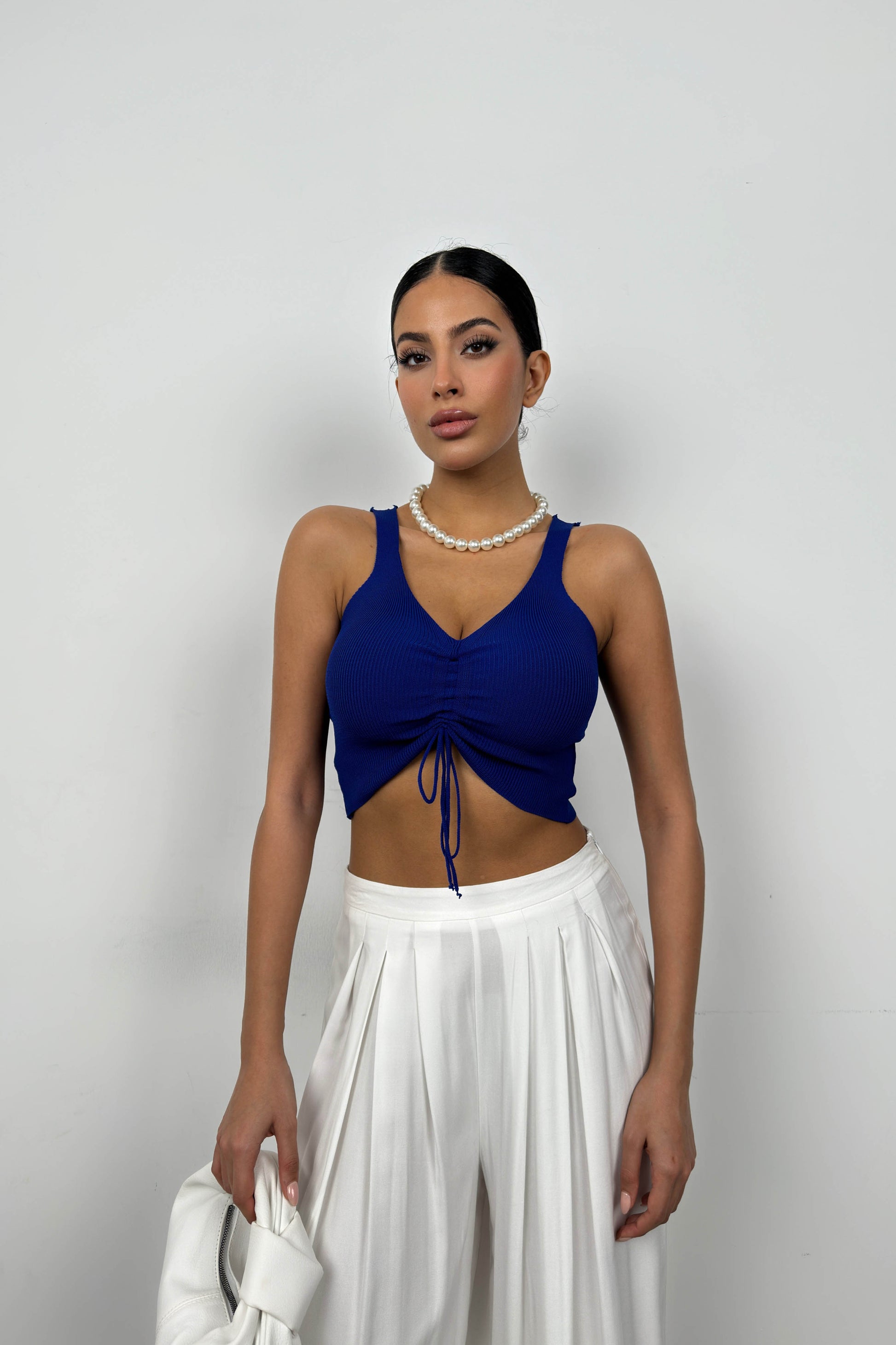 Front Pleated Saxe Crop Blouse 