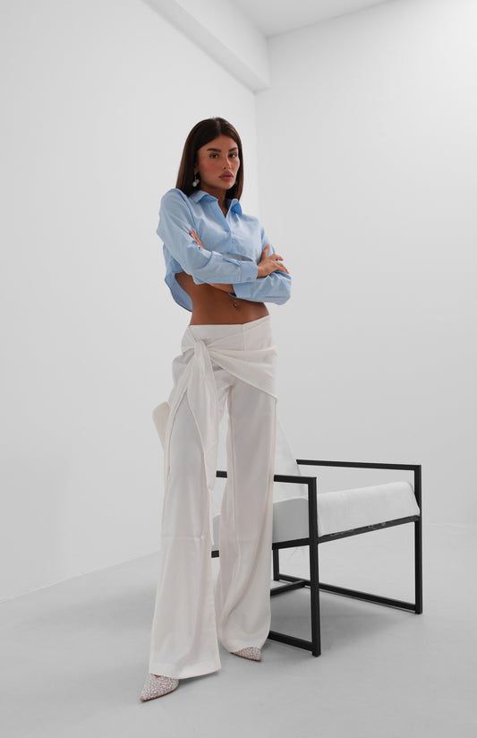 Front Tie Ecru Satin Trousers 