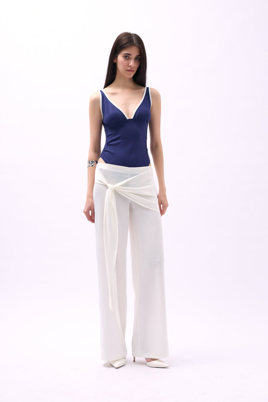 Front Tie Ecru Satin Trousers 