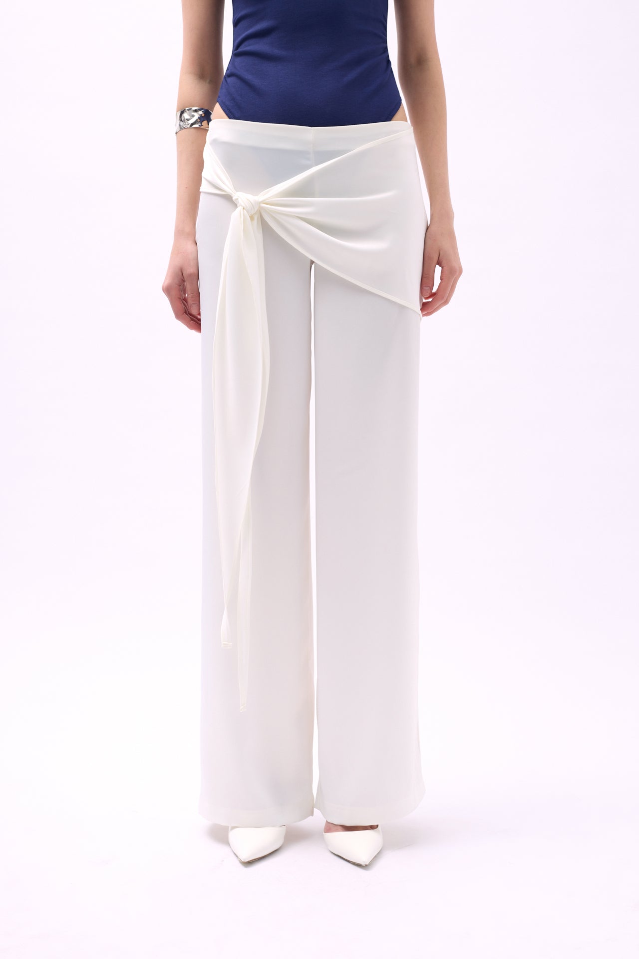 Front Tie Ecru Satin Trousers 