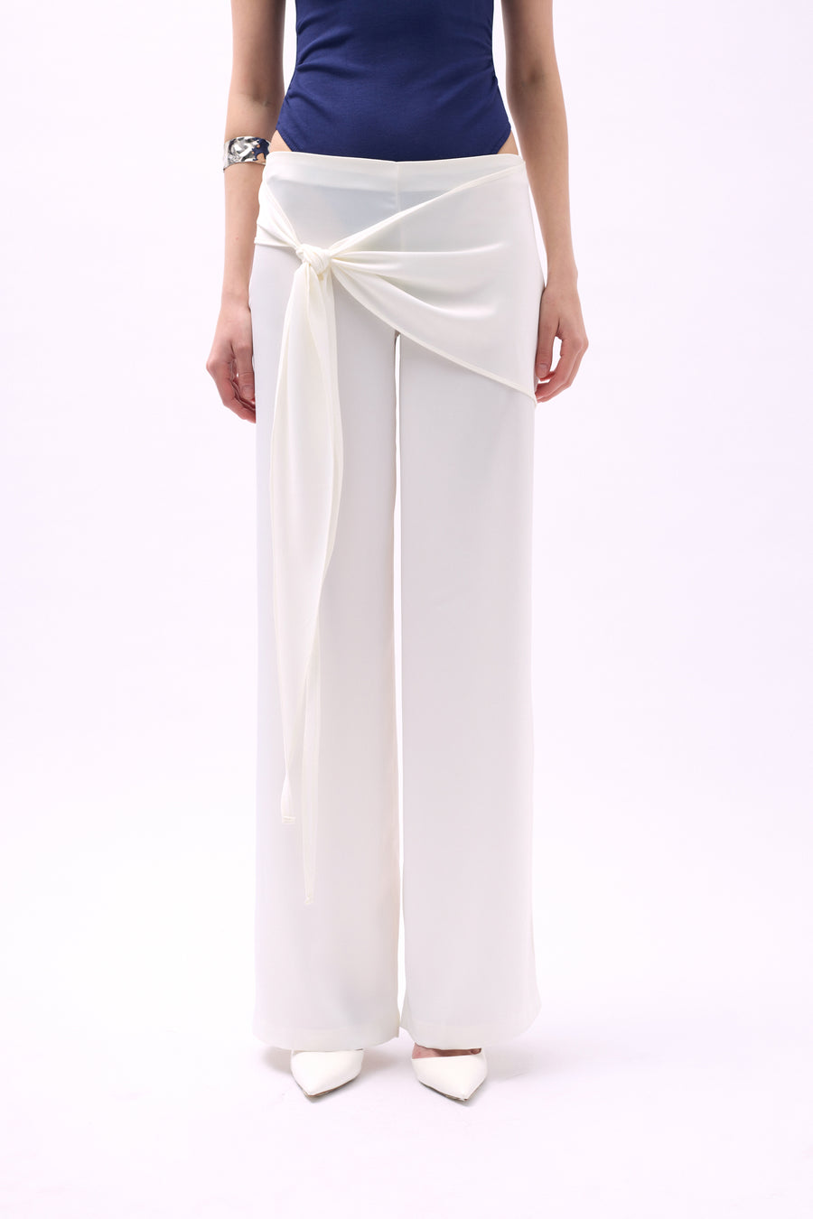 Front Tie Ecru Satin Trousers 