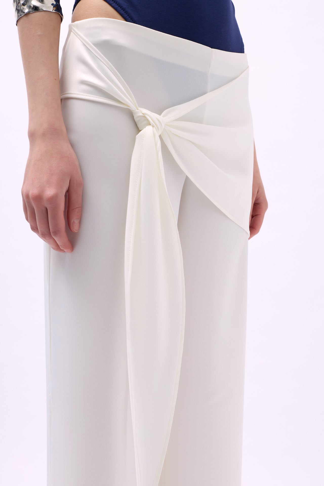 Front Tie Ecru Satin Trousers 