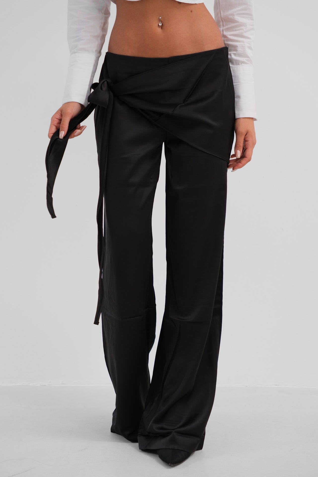 Black Satin Trousers with Front Tie 