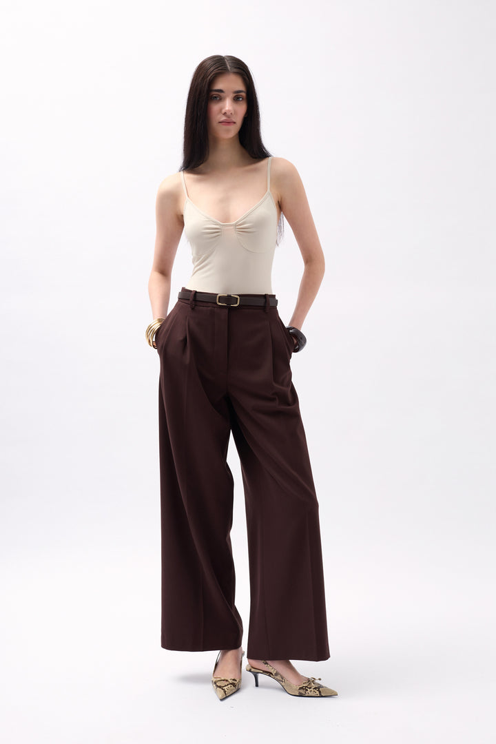 Beige Bodysuit with Pleated Front Straps 