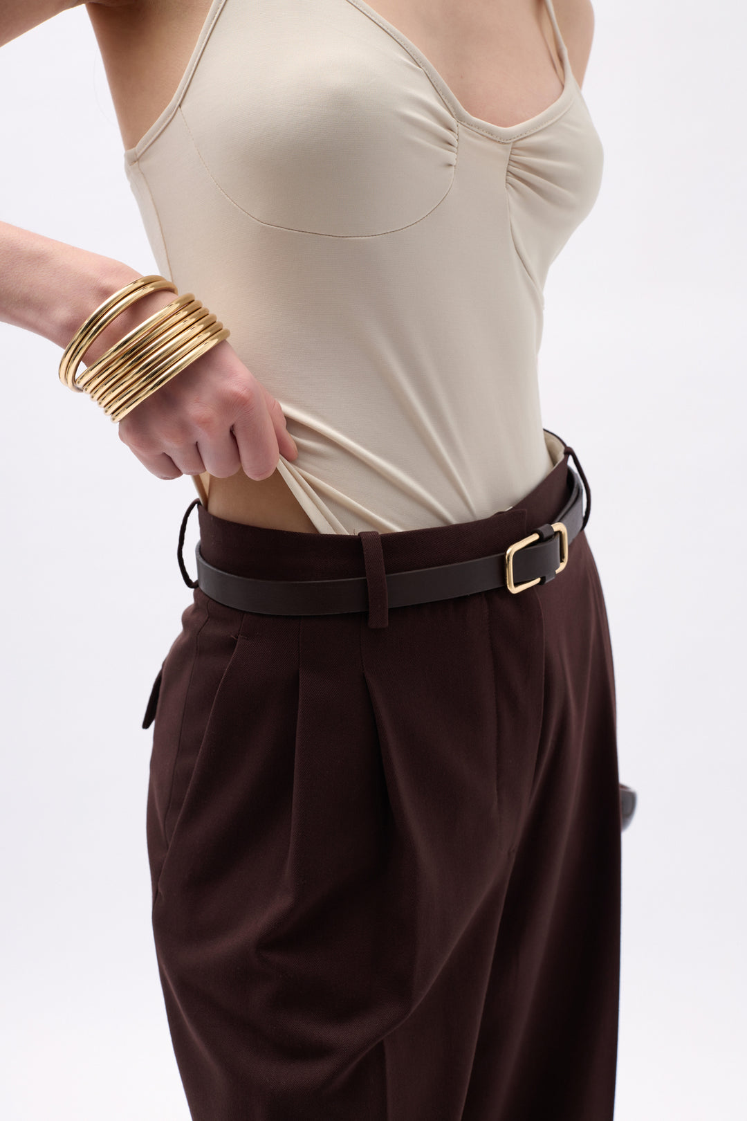 Beige Bodysuit with Pleated Front Straps 