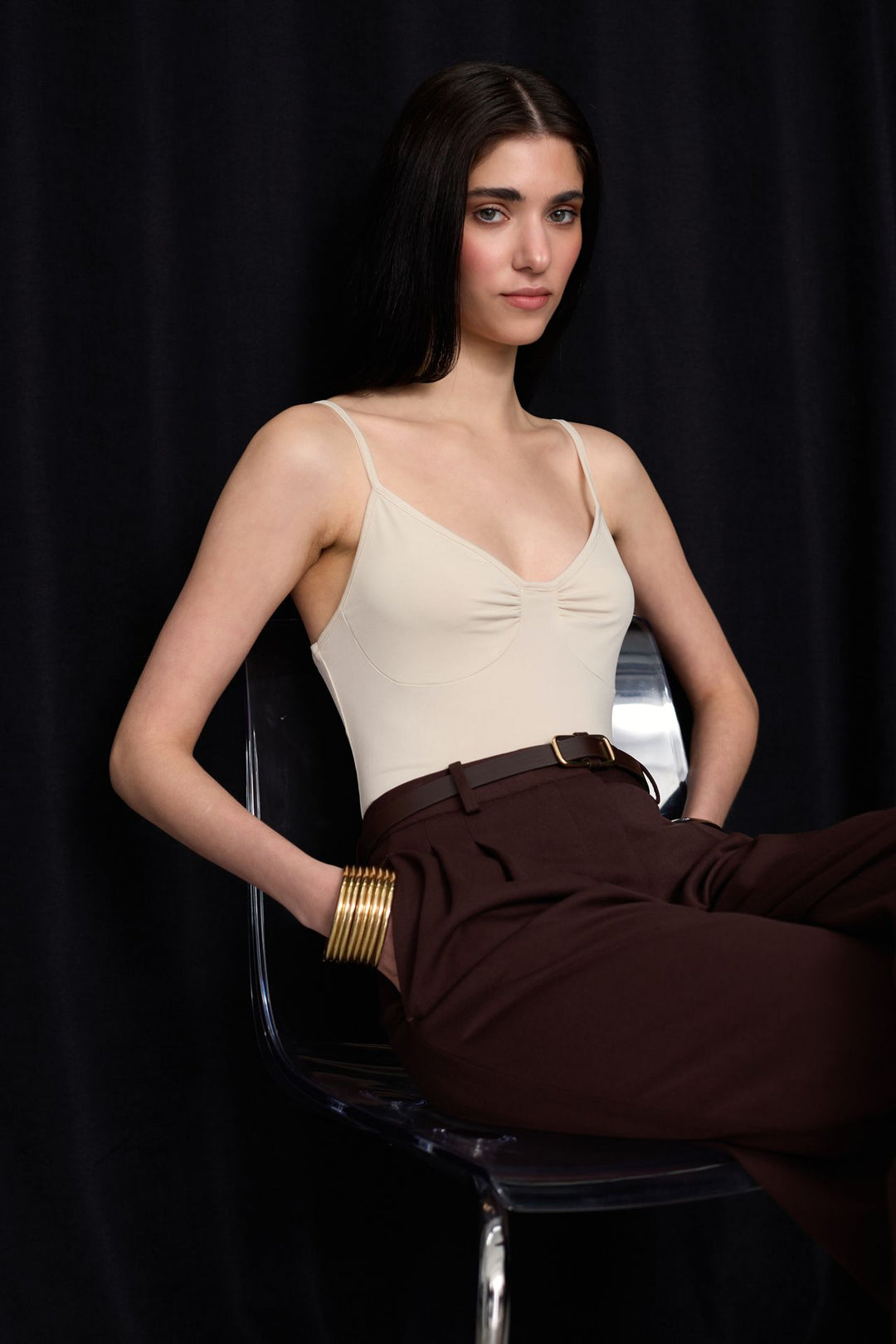 Beige Bodysuit with Pleated Front Straps 