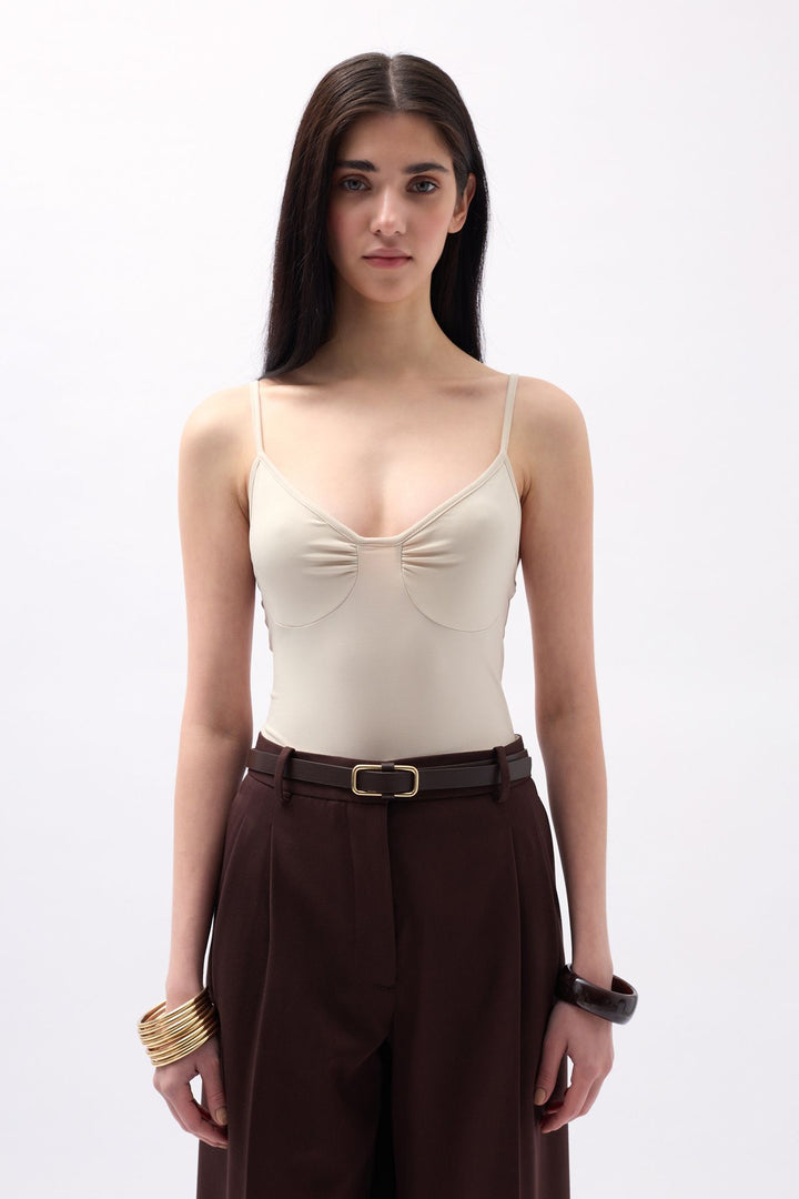 Beige Bodysuit with Pleated Front Straps 