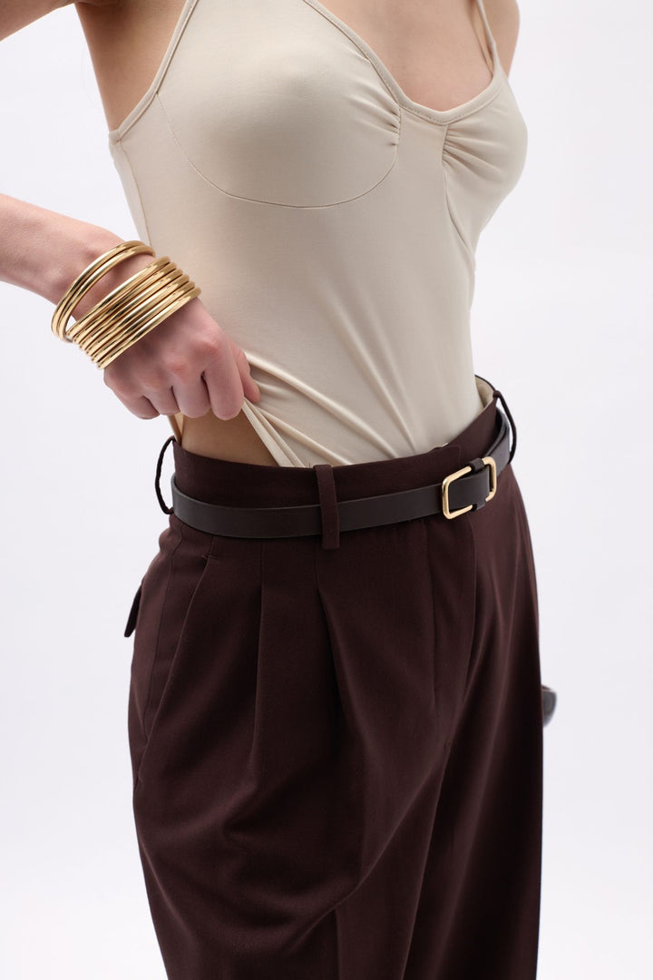 Beige Bodysuit with Pleated Front Straps 