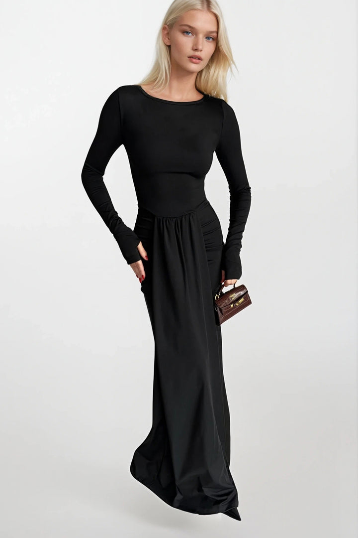 Önü Büzgülü Siyah Maxi Elbise
