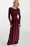 Önü Büzgülü Bordo Maxi Elbise
