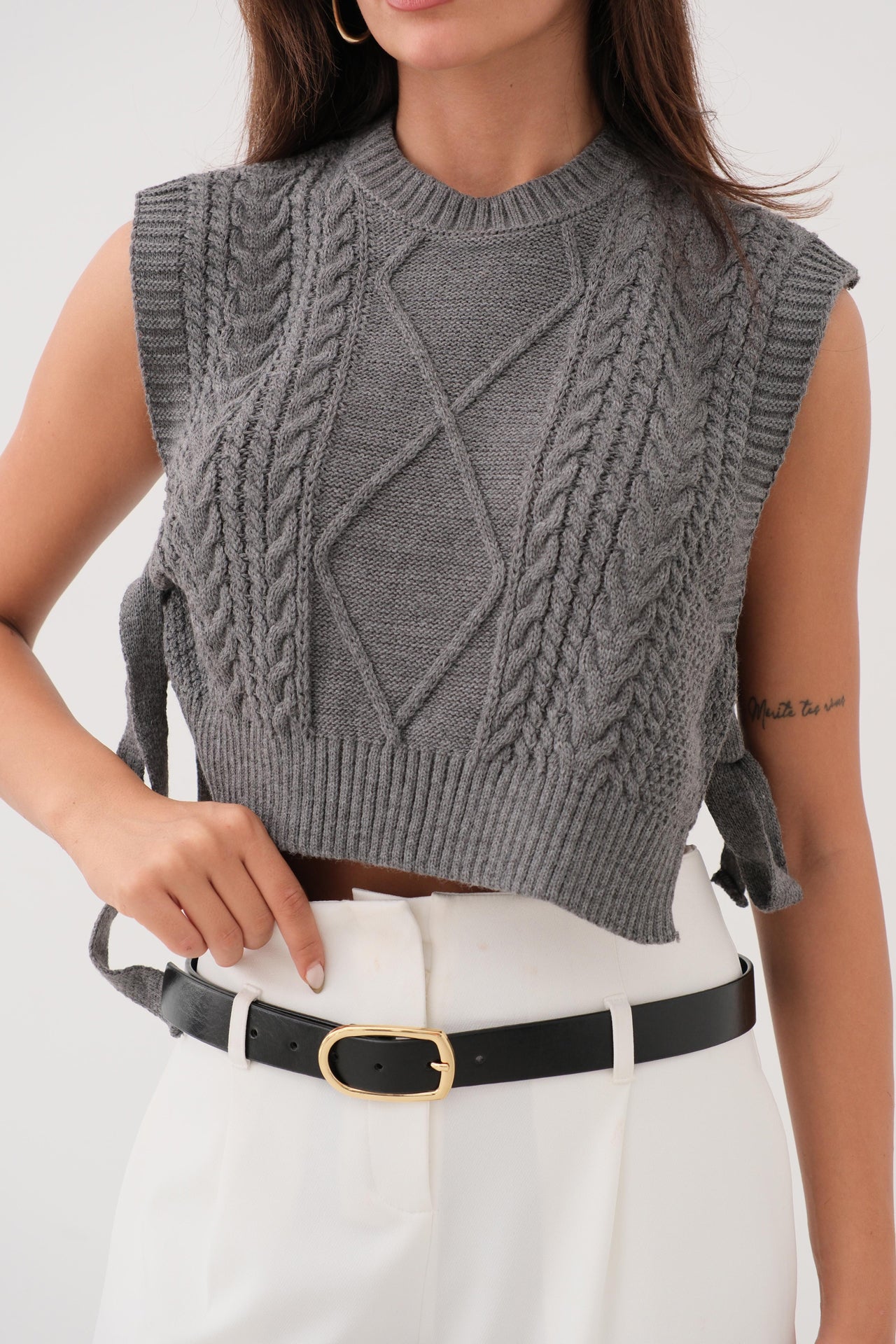 Knitted Patterned Tied Knit Sweater