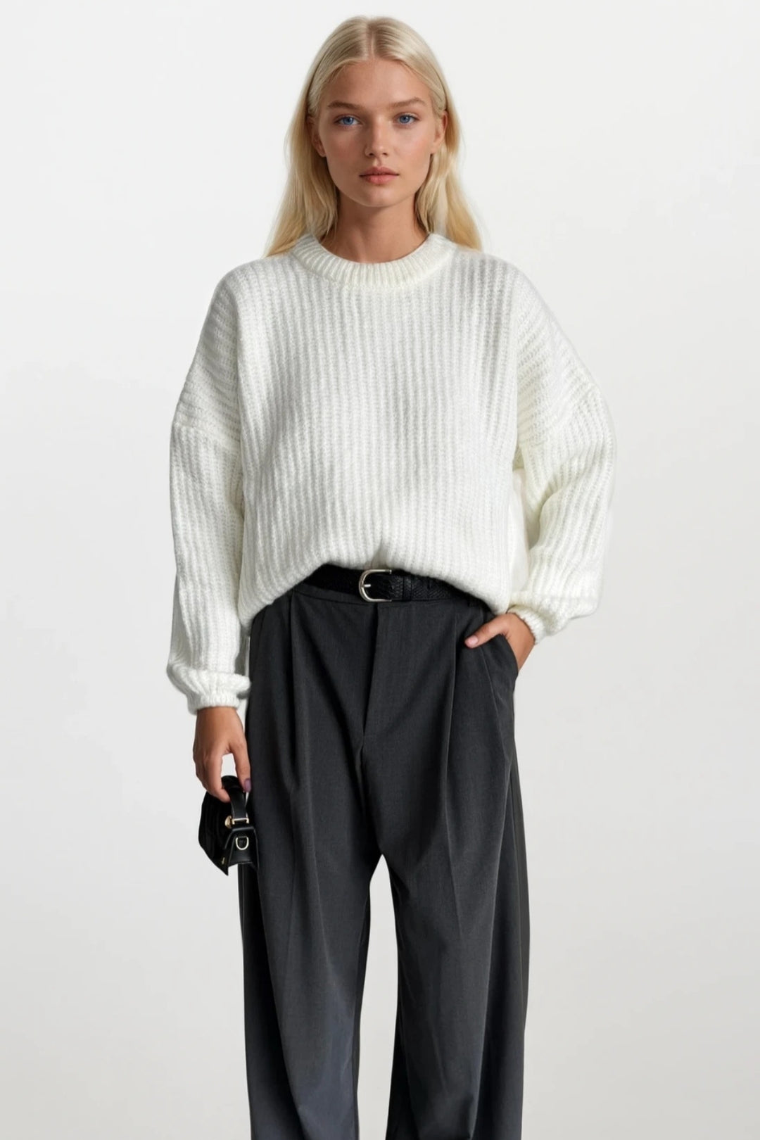 Örgü Detay Basic Ekru Triko Kazak