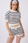 Örgü Detay Çizgili Crop Beyaz Lacivert Bluz