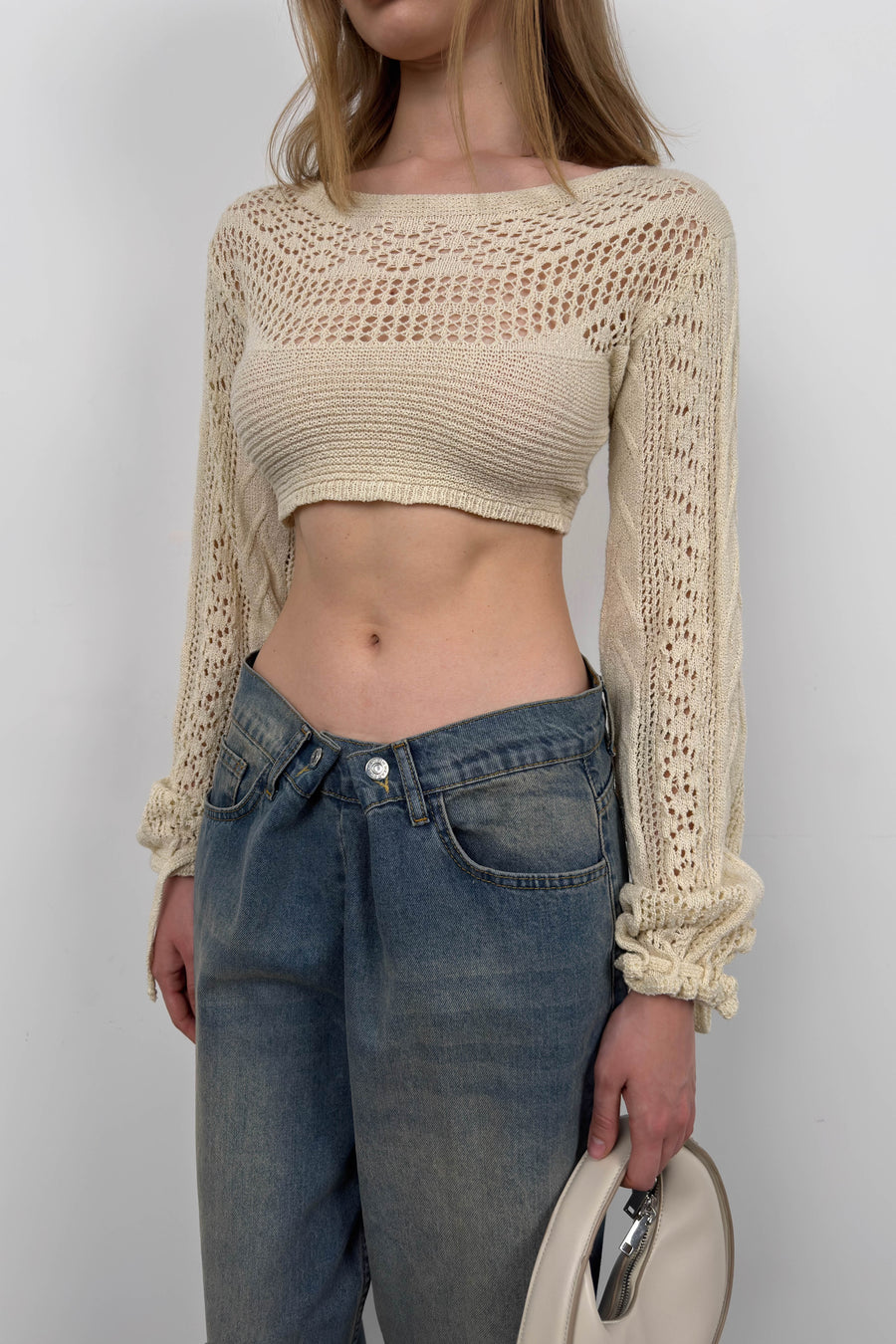 Knit Detail Crop White Knitwear Blouse 