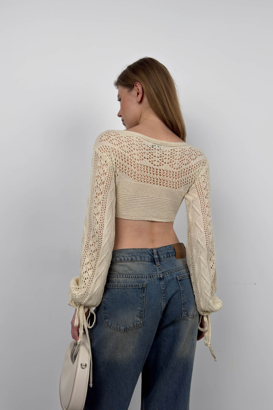 Knit Detail Crop White Knitwear Blouse 