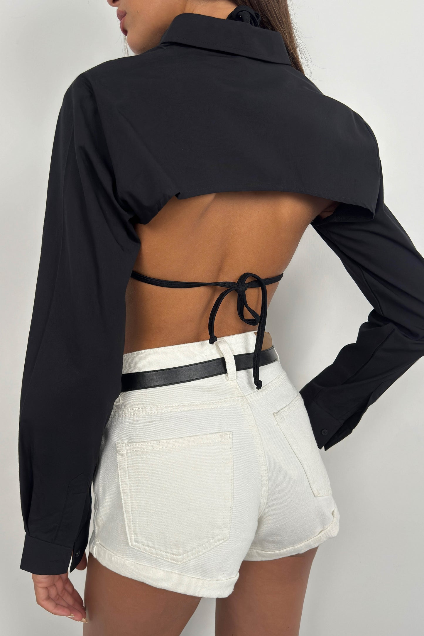 Oval Cut Black Crop Shirt 