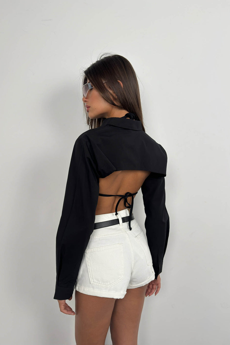 Oval Cut Black Crop Shirt 