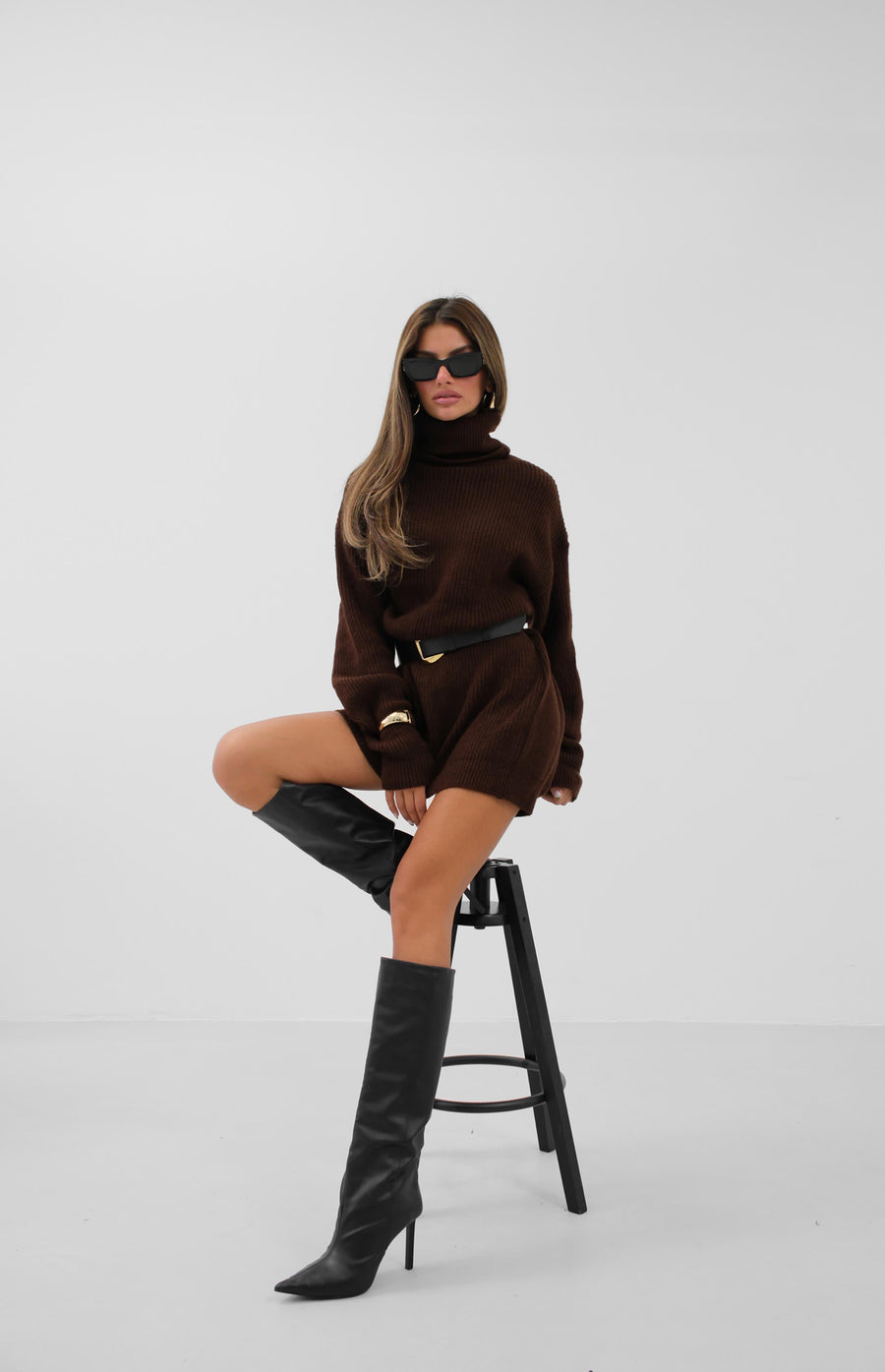 Oversize Turtleneck Brown Knit Tunic 