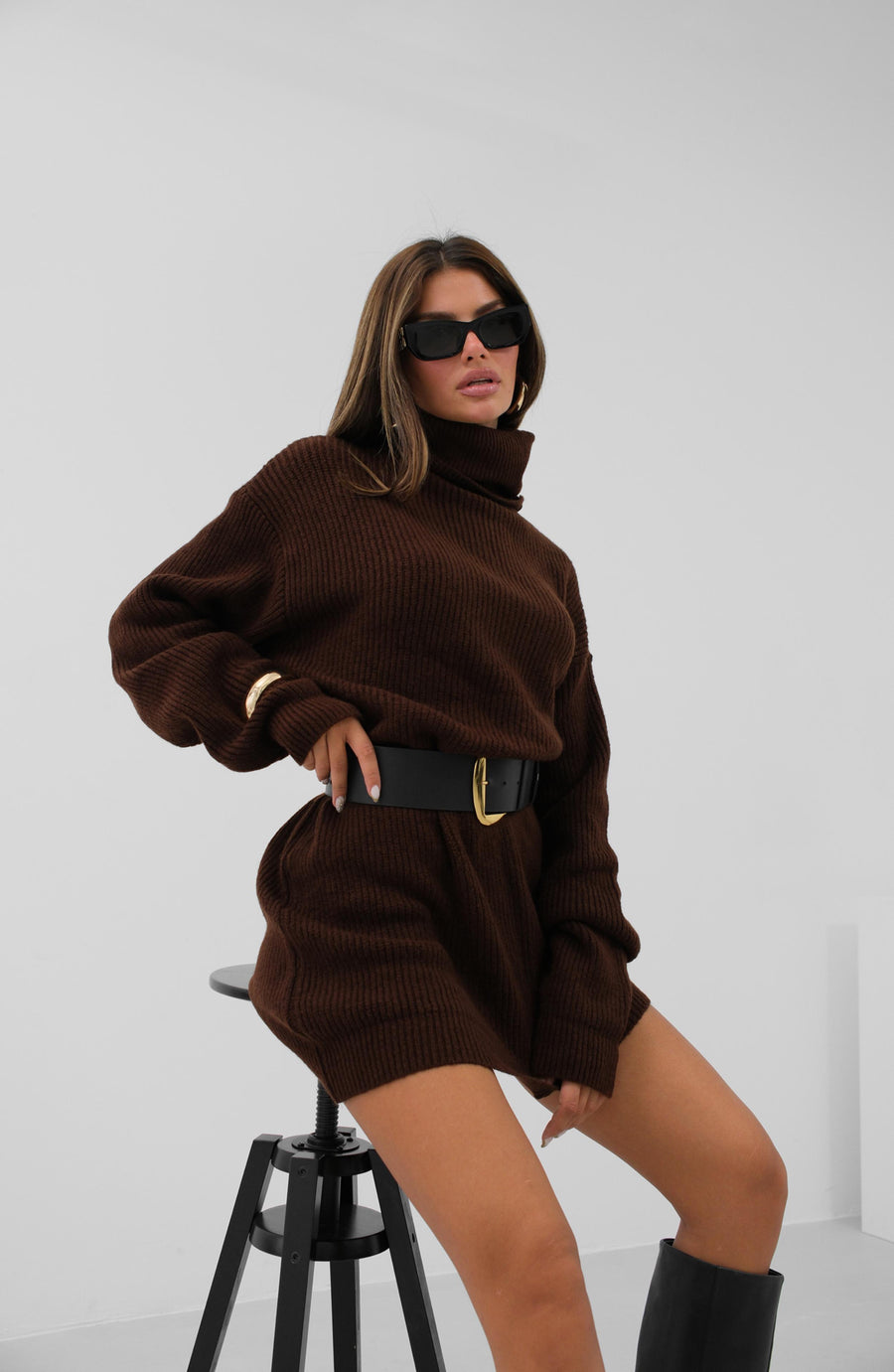 Oversize Turtleneck Brown Knit Tunic 