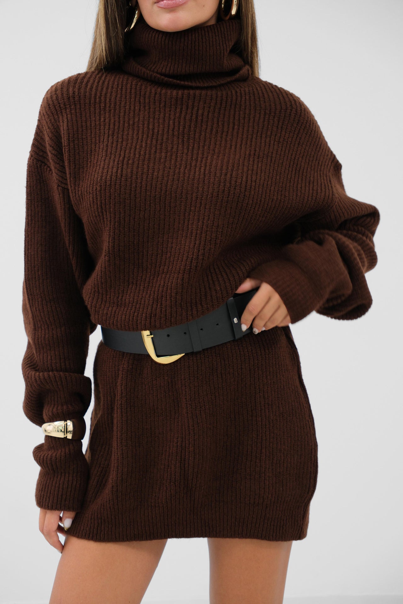 Oversize Turtleneck Brown Knit Tunic 