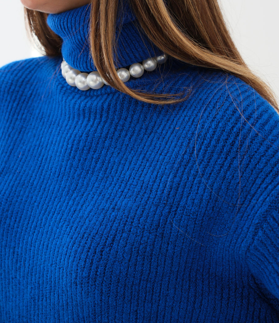 Oversize Turtleneck Blue Knit Tunic 