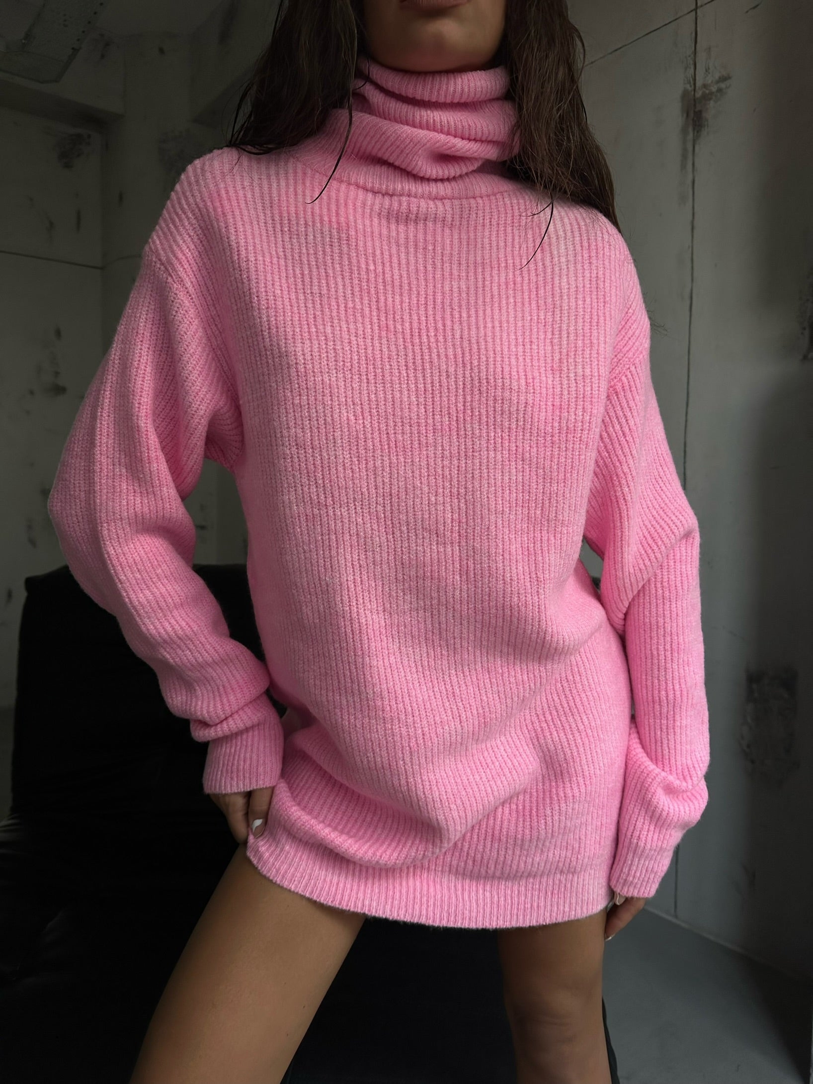 Oversize Turtleneck Pink Knit Tunic 