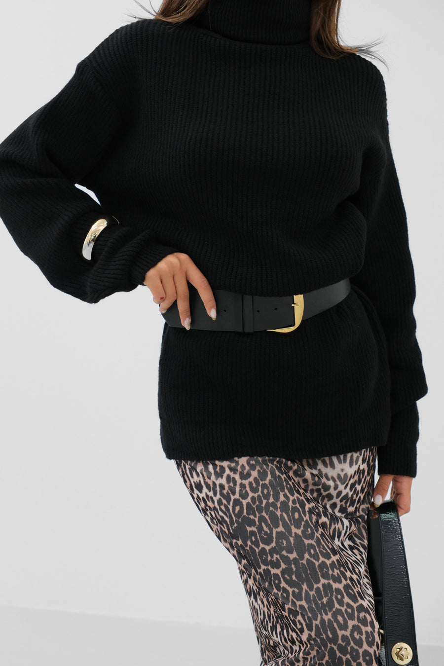 Oversize Turtleneck Black Knit Tunic 