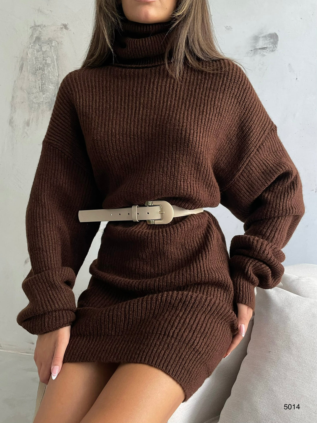 Oversize Turtleneck Brown Knit Tunic
