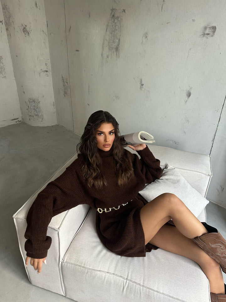 Oversize Turtleneck Brown Knit Tunic